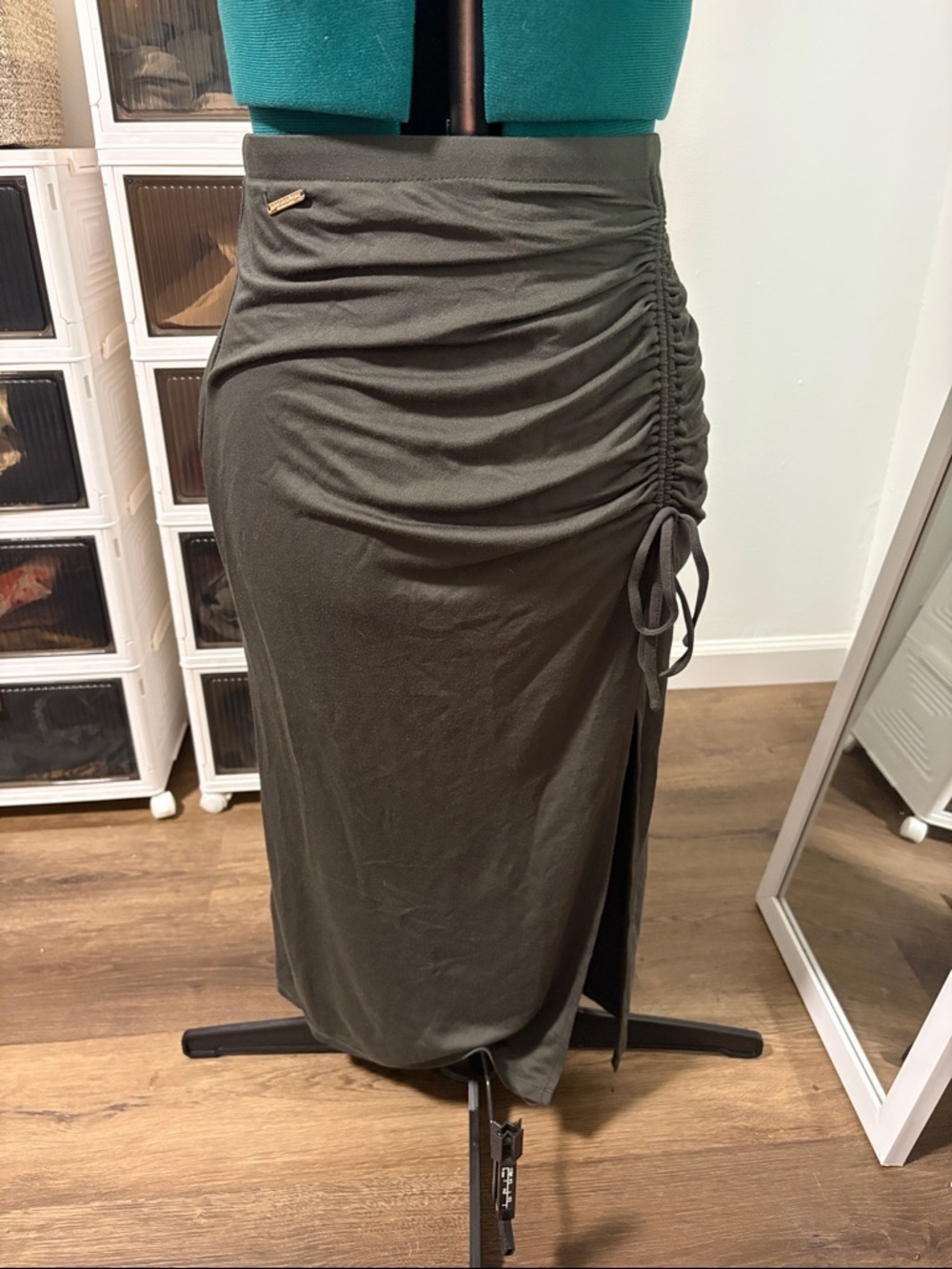 Ruched Side Drawstring Midi Skirt - Olive Green/Gray